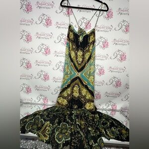 Free people dress maxi long sparkly gold thread boho bohemian pattern paisley